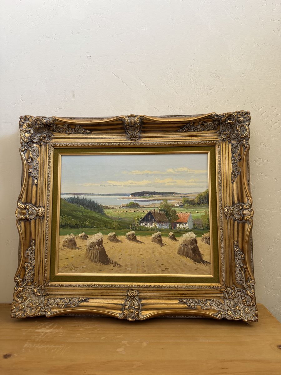 Mid 20th C Traditional Framed Oil on Board Haystac