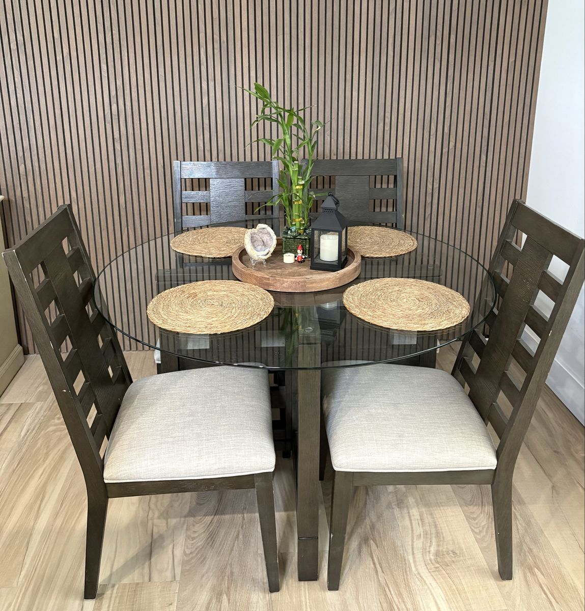 Round Glass Top Dining Table Set with 4 Upholstered Chairs