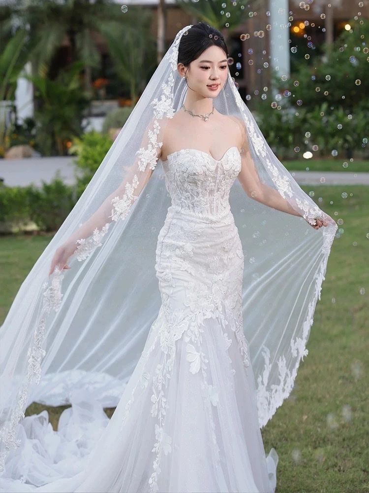 Elegant White Lace Mermaid Wedding Dress, Strapless Corset Bodice- Size S
