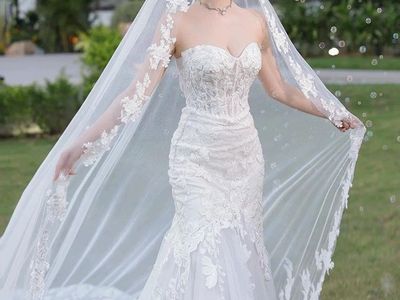 Elegant White Lace Mermaid Wedding Dress, Strapless Corset Bodice- Size S