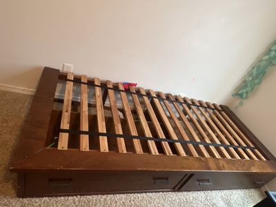 Wooden Bed Frame with Storage Drawers - Dark Wood Finish, Slatted Base