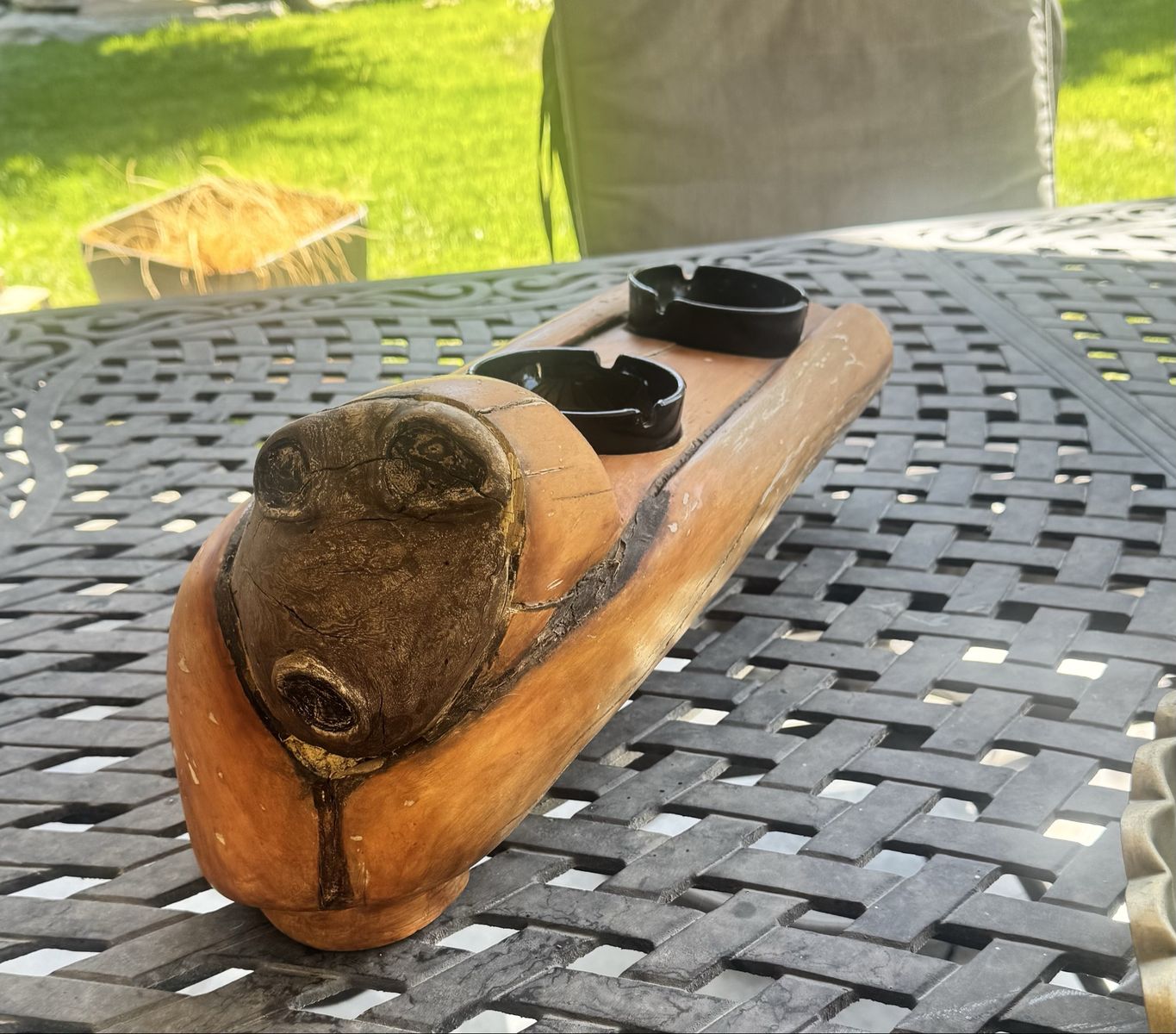 MCM Hand Carved Wood Sculpture with Ashtrays - Unique Rustic Decor