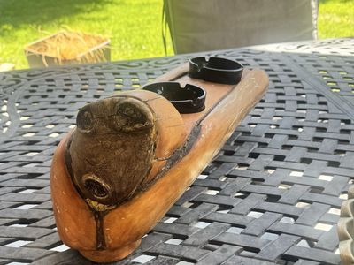 MCM Hand Carved Wood Sculpture with Ashtrays - Unique Rustic Decor