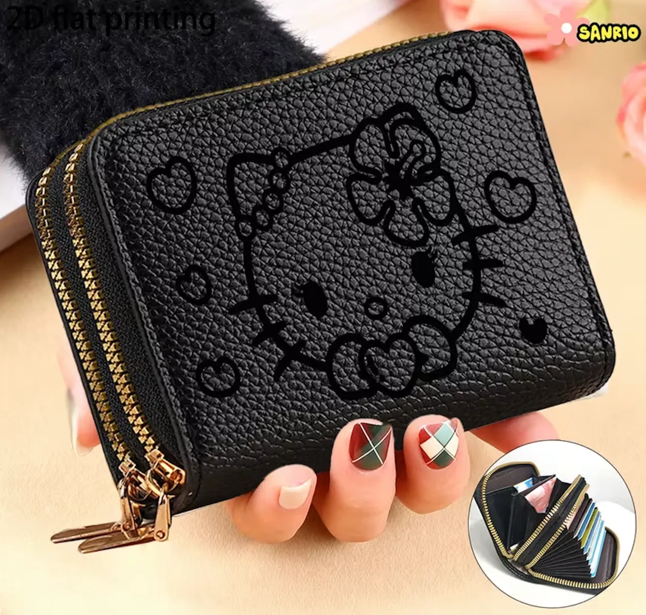 Hello Kitty Black Wallet Zip Around Cute Kawaii Card Holder Coin Purse Sanrio