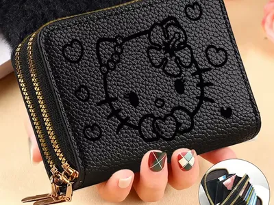 Hello Kitty Black Wallet Zip Around Cute Kawaii Card Holder Coin Purse Sanrio
