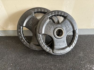 25lb Weight Plates (Pair) - Black Rubber Coated Olympic Grip Plates, Used