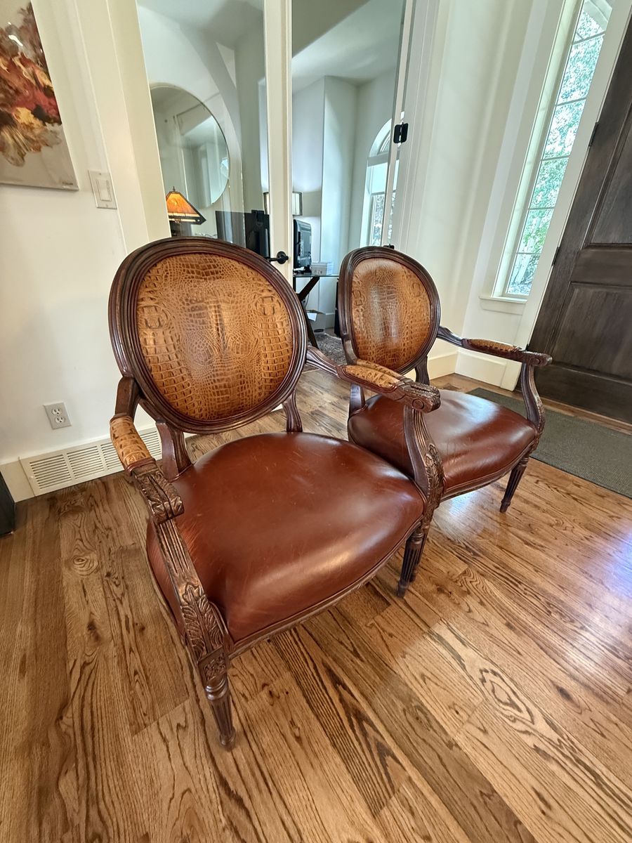 Ethan Allen Brown Leather Armchairs with Alligator Embossed Backs, Set of 2