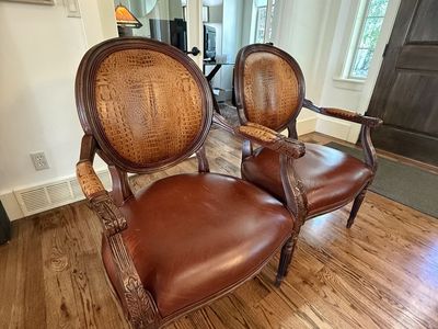 Ethan Allen Brown Leather Armchairs with Alligator Embossed Backs, Set of 2