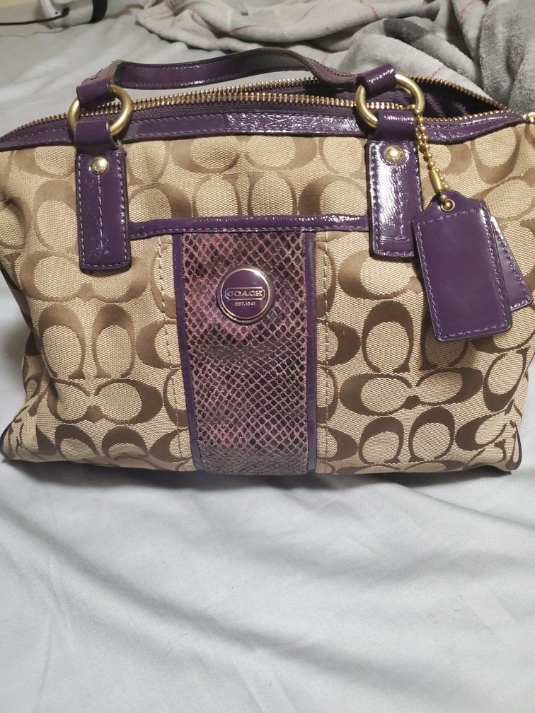 Coach Signature C Purple Patent Leather Trim Satchel Handbag Purse