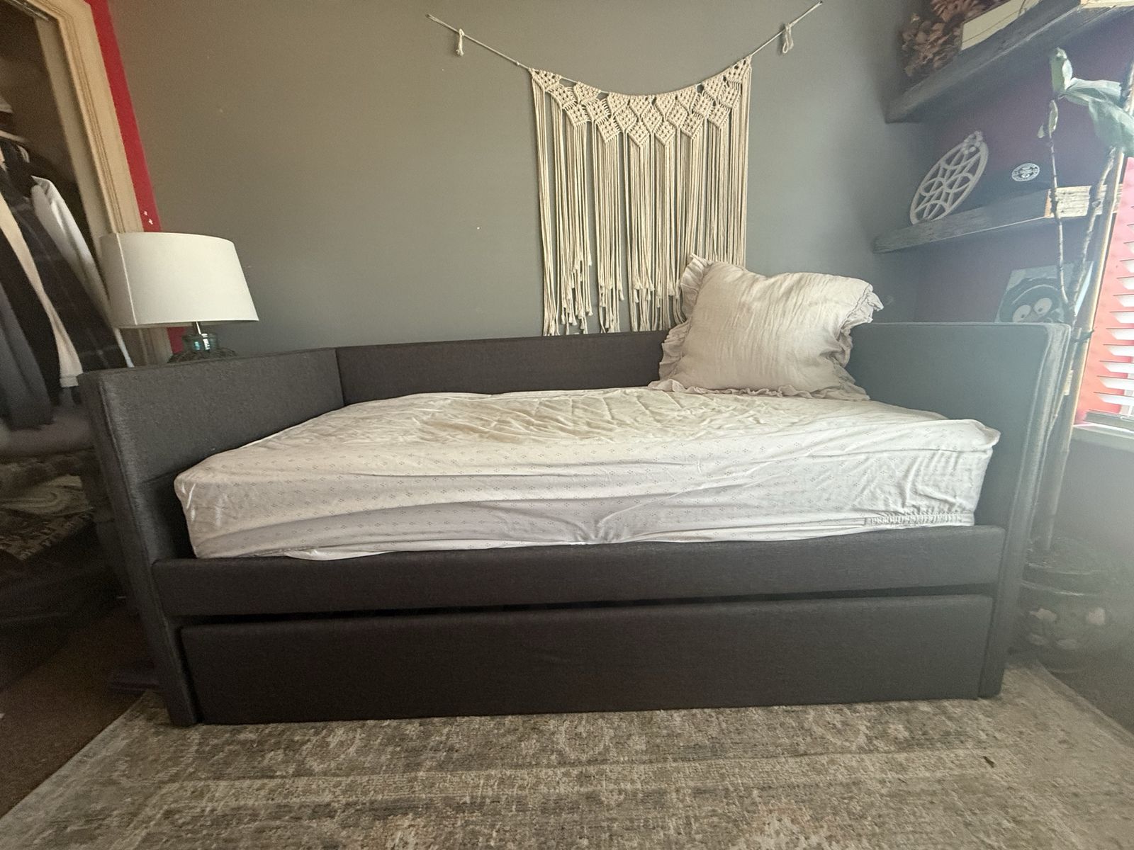 Daybed with Trundle - Dark Gray Fabric Upholstered Twin Size.