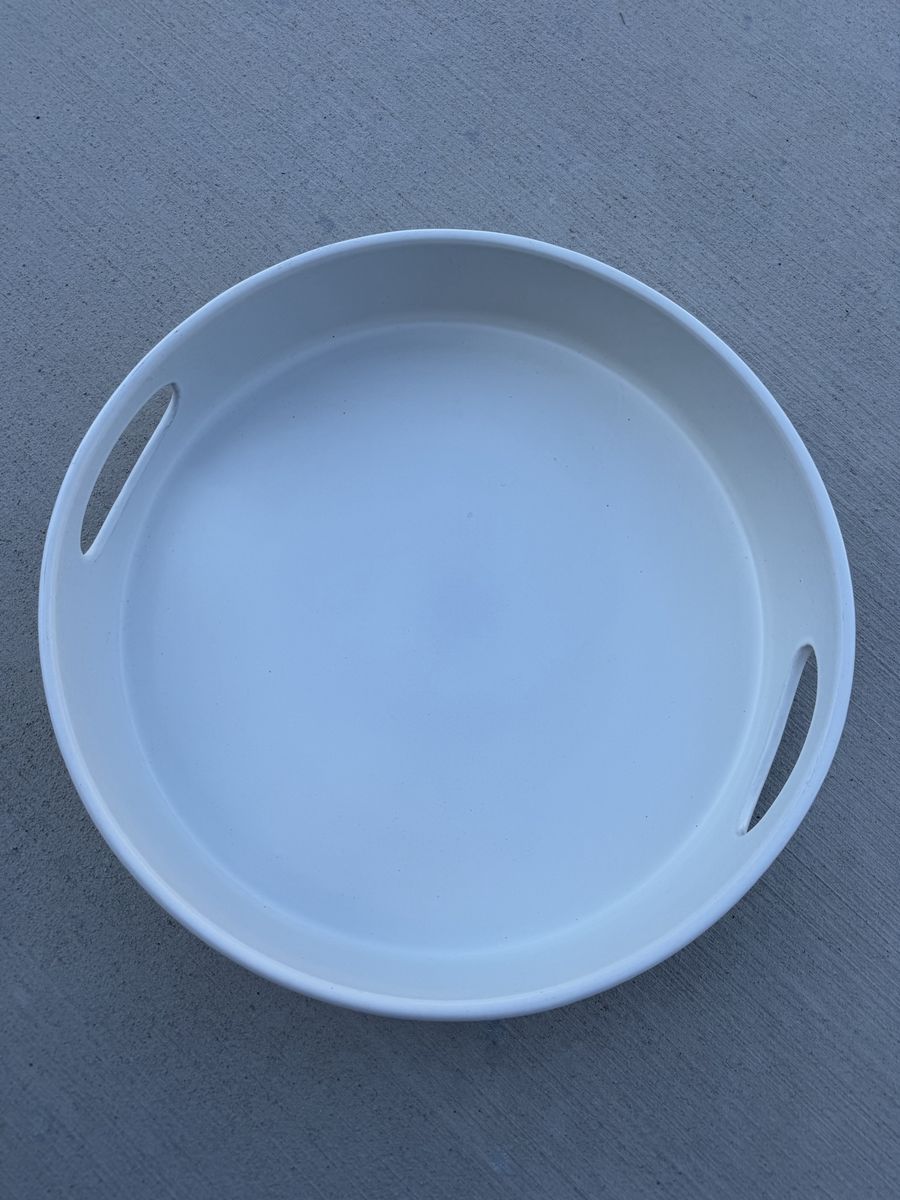 White Round Ceramic Serving Tray with Handles and Textured Exterior