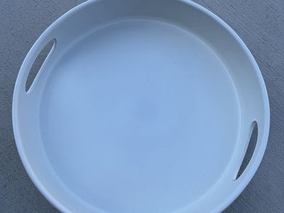 White Round Ceramic Serving Tray with Handles and Textured Exterior