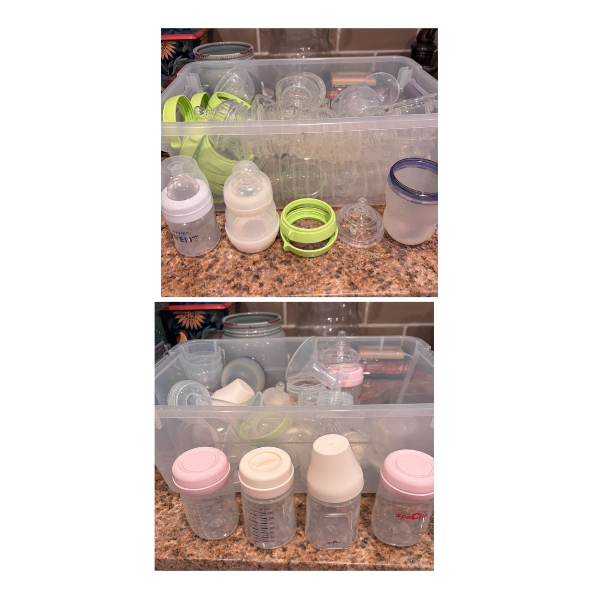 2 Totes Full Of Baby Bottles, nipples, rings etc.