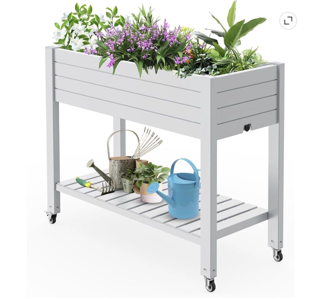 Brand new Mobile Raised Garden Bed Planter Cart with Wheels and Storage Shelf White Resin
