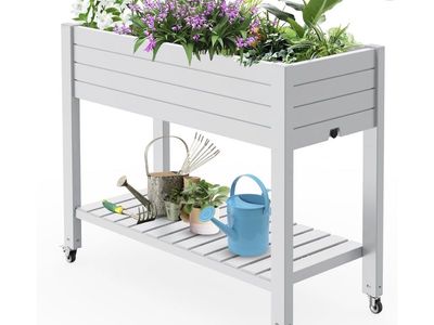 Brand new Mobile Raised Garden Bed Planter Cart with Wheels and Storage Shelf White Resin