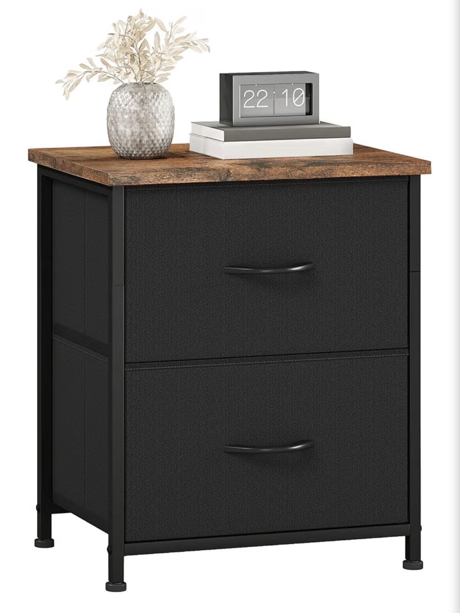 Rustic Wood and Black Fabric 2-Drawer Nightstand Organizer