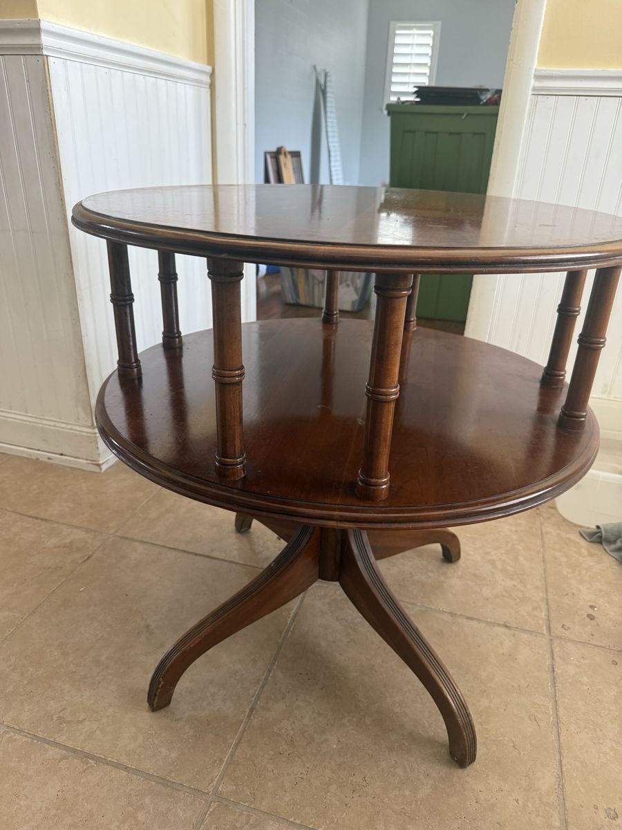 Vintage Round Wood Side Table with Two Tiers - Dark Wood Finish