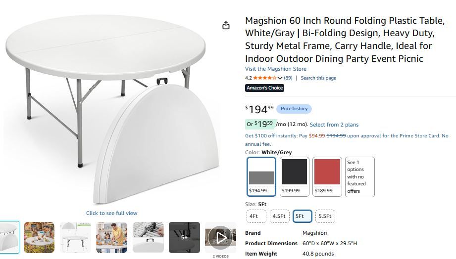 60" Round Folding Plastic Table