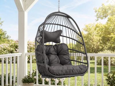 Hanging egg chair with maroon cushion and white pillow.
