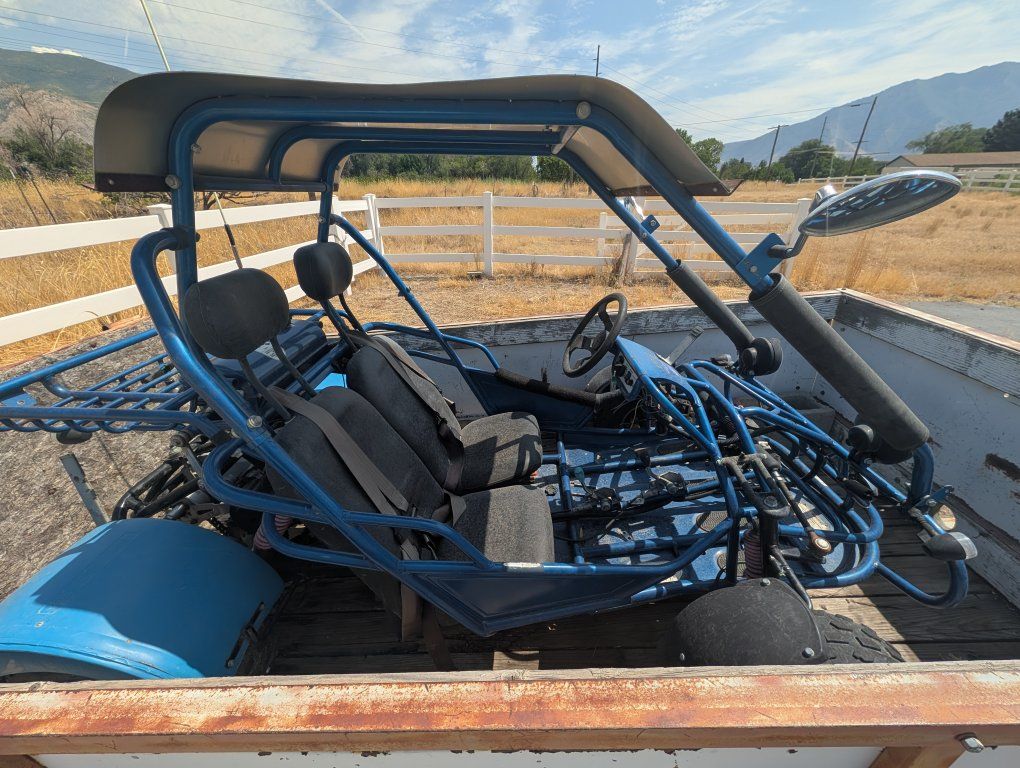 Blue 2-Seater Off-Road Dune Buggy Go-Kart with Canopy and Trailer