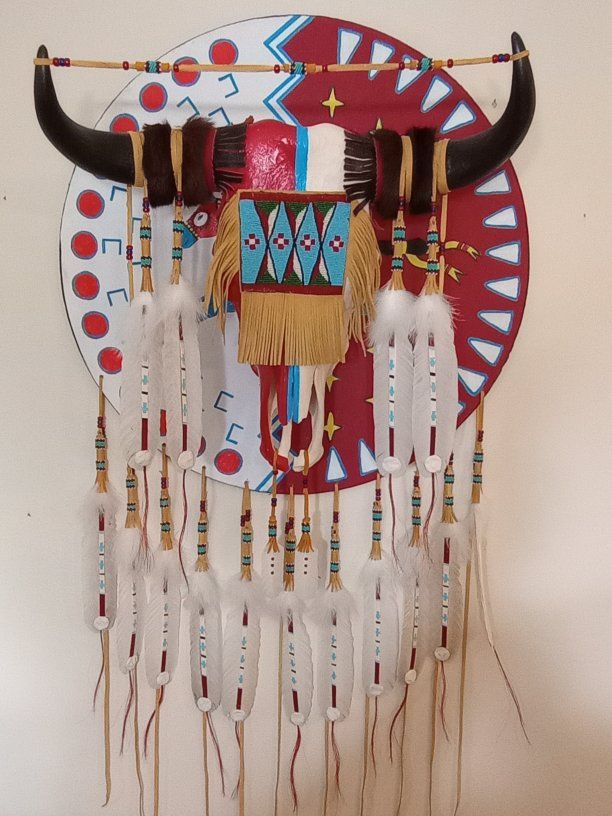 Handcrafted Native American Style painted and beaded Skull Wall Decor with Feathers & Beading