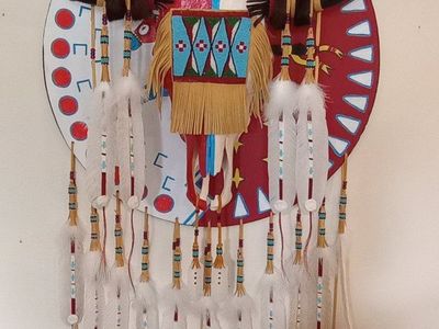 Handcrafted Native American Style painted and beaded Skull Wall Decor with Feathers & Beading