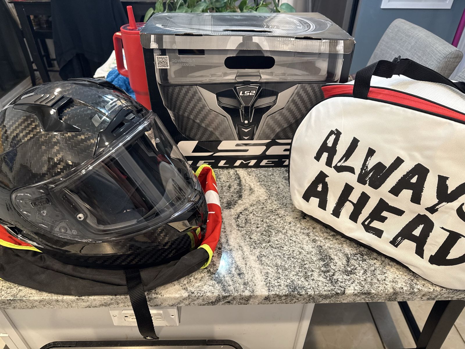 LS2 Carbon Fiber Motorcycle Helmet - Full-Face, Lightweight, with Box & Bag, includes Sena Spider ST 1 Bluetooth Headset
