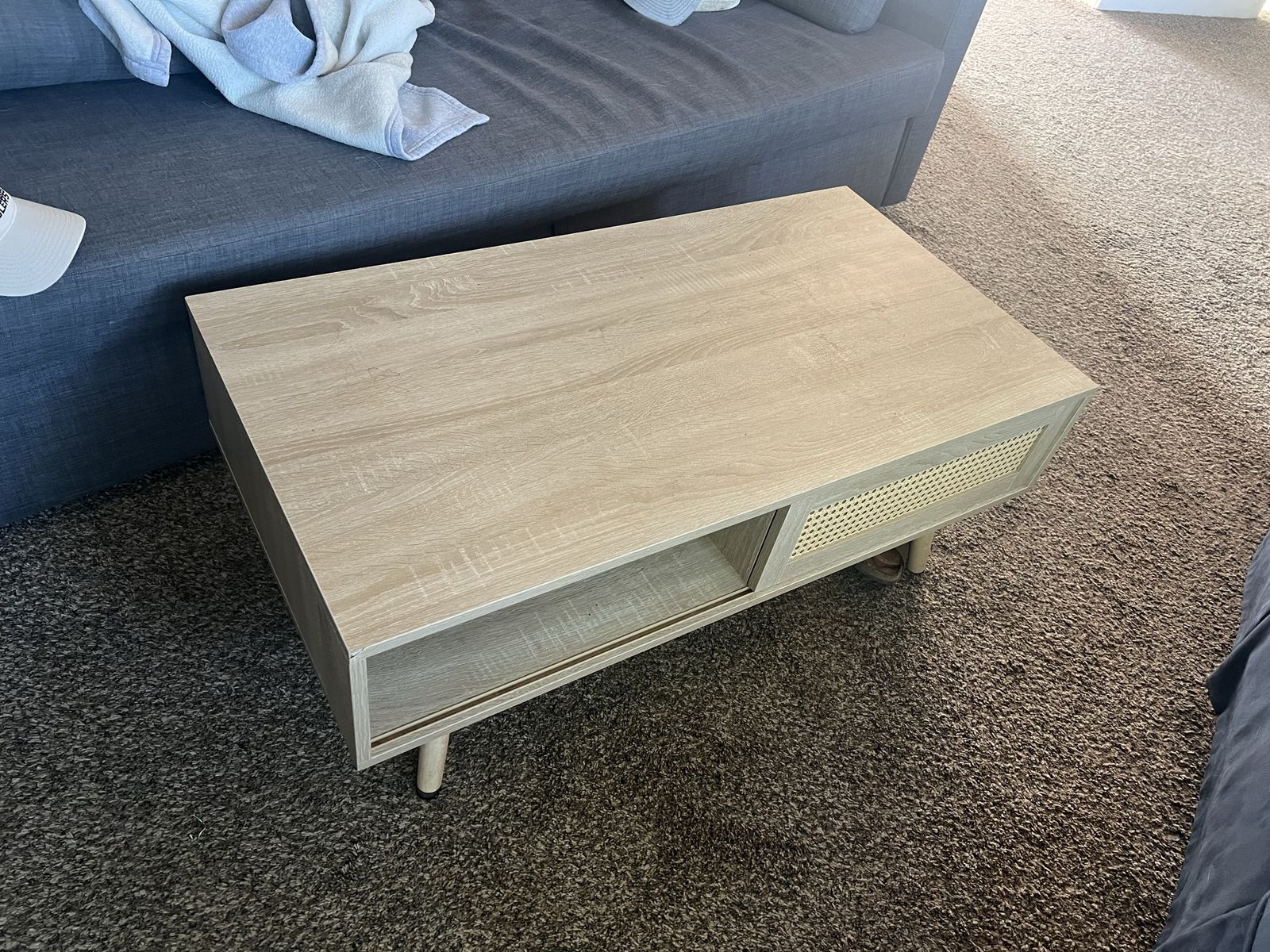 Mid-Century Modern Light Oak Coffee Table with Rattan Webbing Detail
