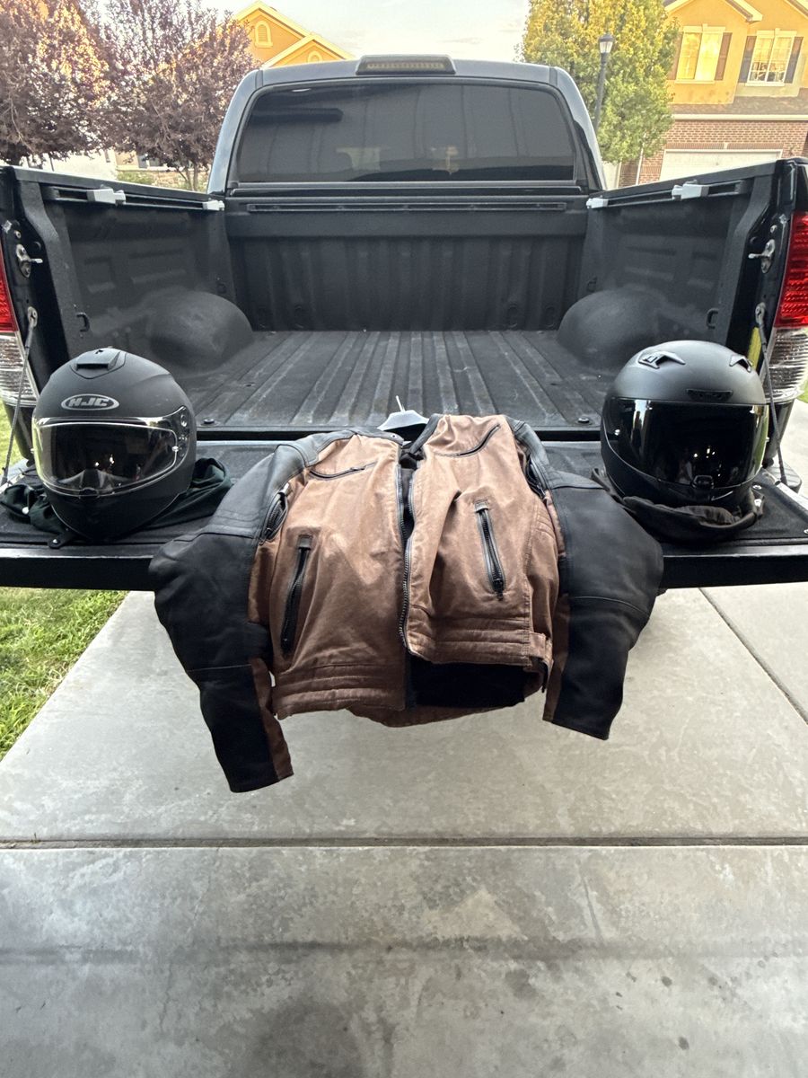 Motorcycle Gear Bundle: HJC Helmets and Leather Riding Jacket
