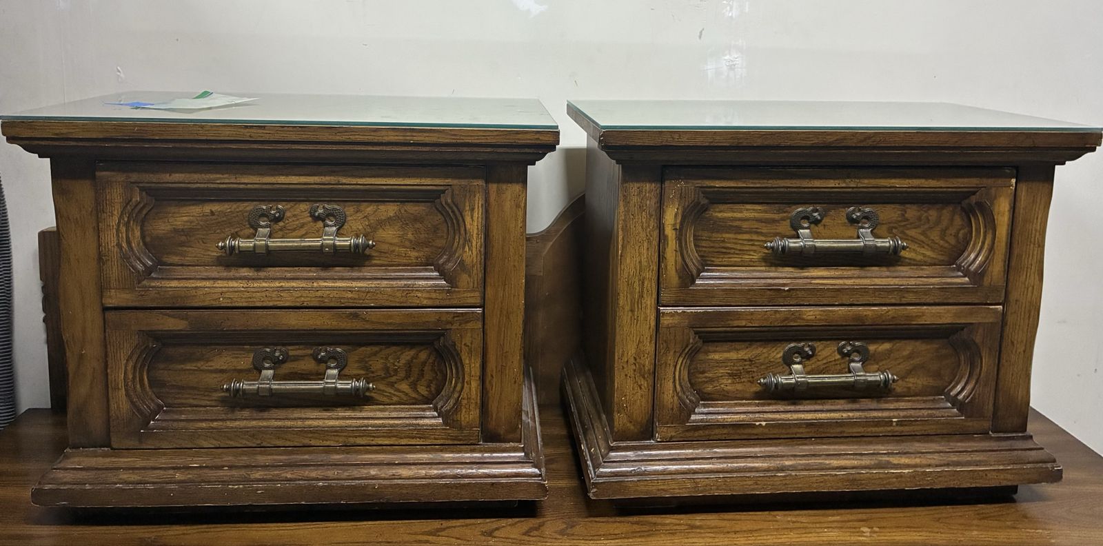 Vintage Solid Wood Nightstands / End Tables (2) with 2 Drawers - Ornate Brass Pulls