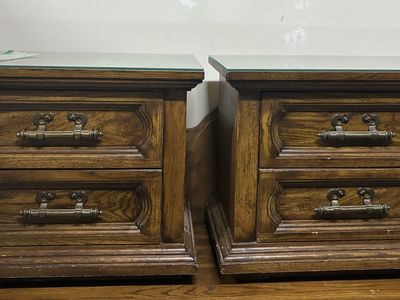 Vintage Solid Wood Nightstands / End Tables (2) with 2 Drawers - Ornate Brass Pulls