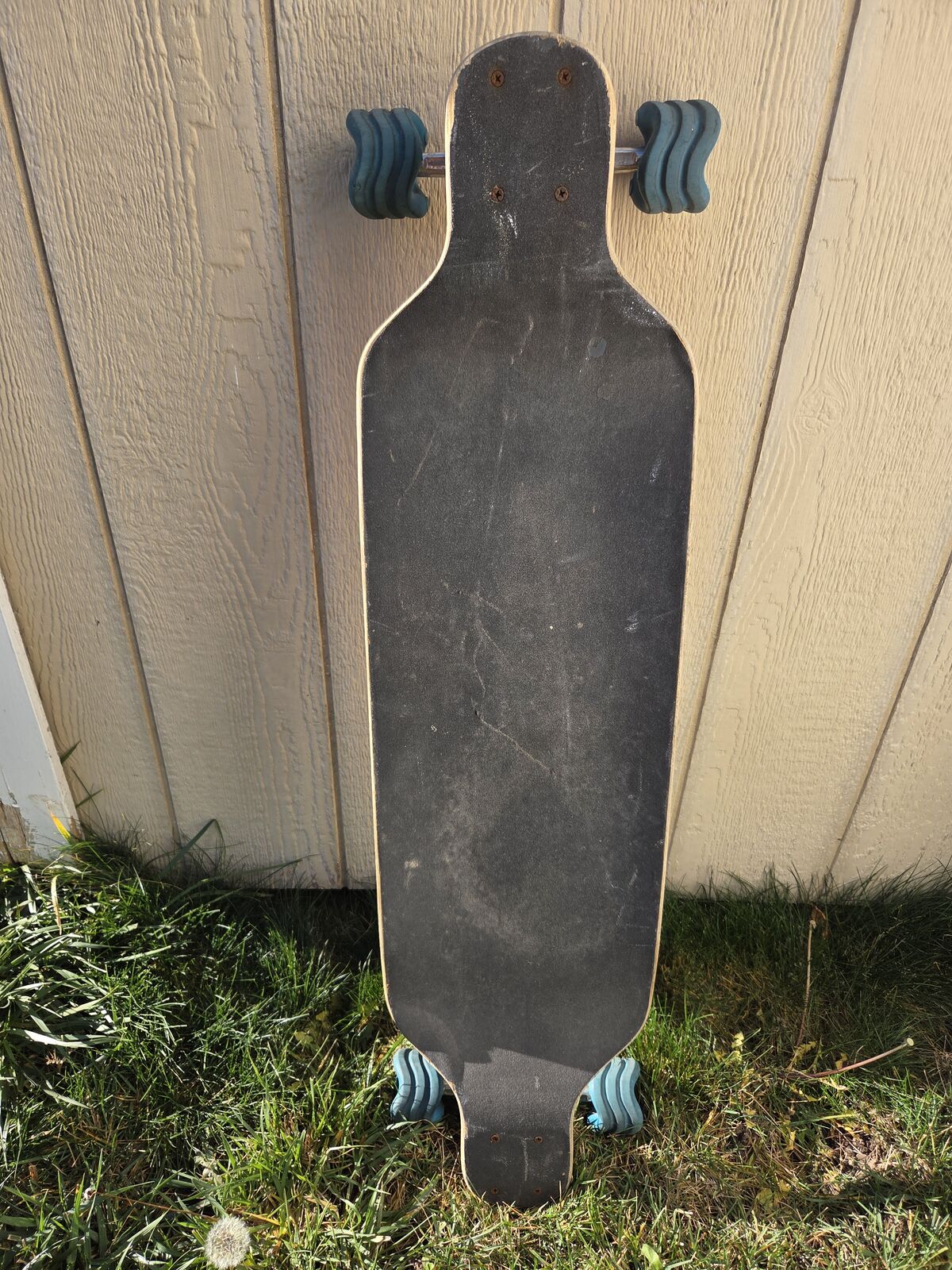 longboard featuring Shark Wheels, known for their unique sine wave shape and performance advantages
