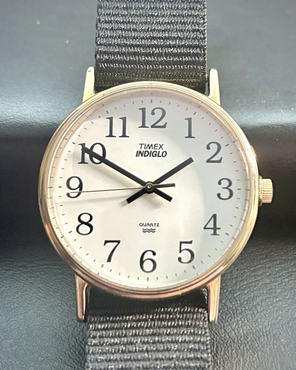 Timex Indiglo Quartz Analog Watch White Dial Gold Case New Black Nylon Strap