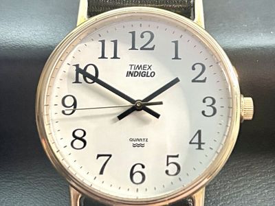 Timex Indiglo Quartz Analog Watch White Dial Gold Case New Black Nylon Strap