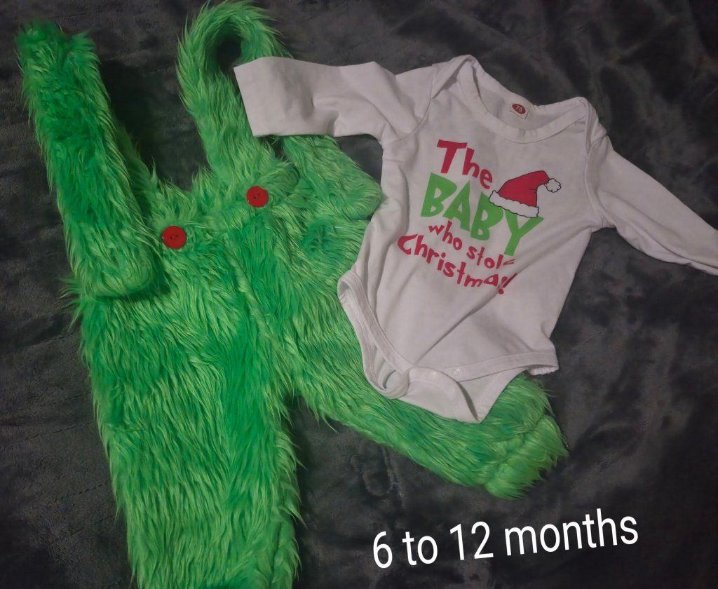The Baby Who Stole Christmas Grinch  Bodysuit, Overalls & Costume Set 6-12 Months