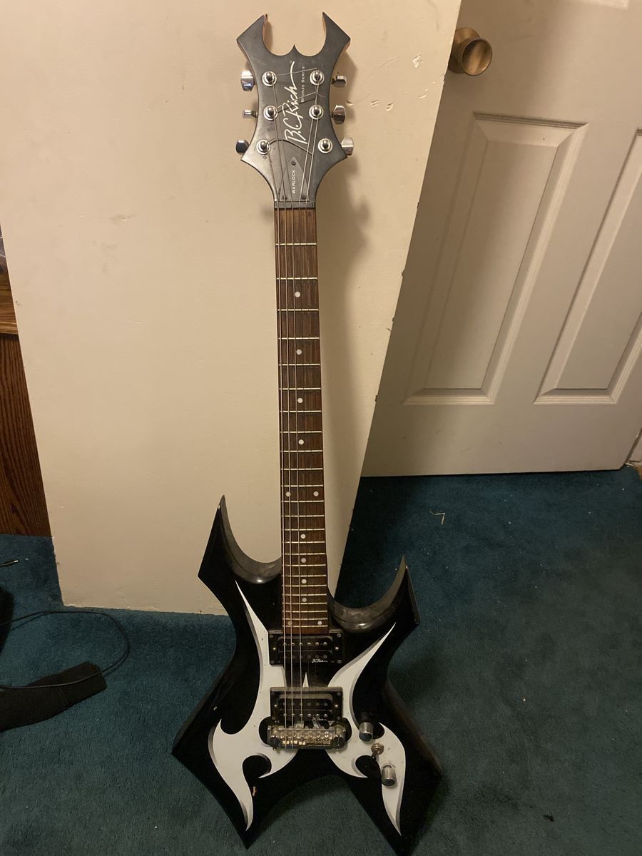 BC Rich Warlock Electric Guitar Black with White Flames - Rock/Metal Style
