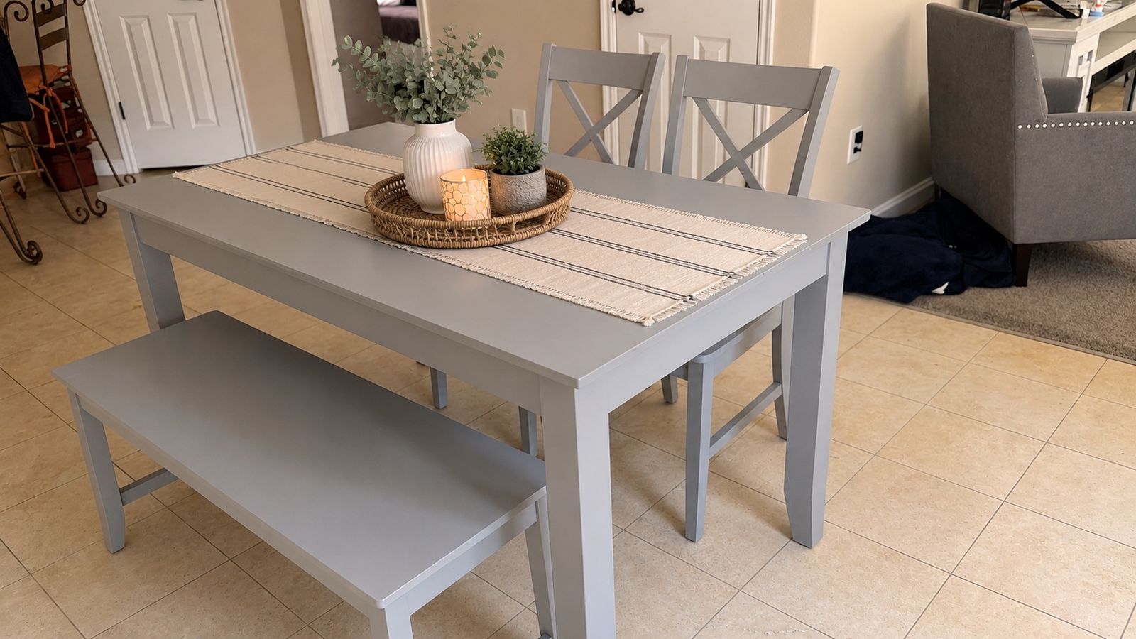 Gray Wooden Dining Table Set with 2 Chairs and Matching Bench