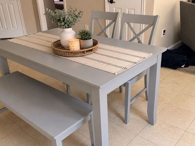 Gray Wooden Dining Table Set with 2 Chairs and Matching Bench