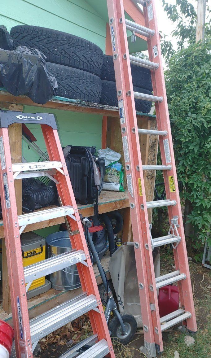 Werner 20ft, and 16ft Fiberglass Extension Ladder, and 12ft double face ladder color blue