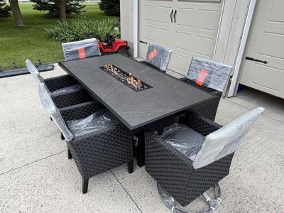 Olympus Fire Pit Dining Set with Sunbrella Fabric, 7pc- Black Wicker w/ Charcoal Cushions