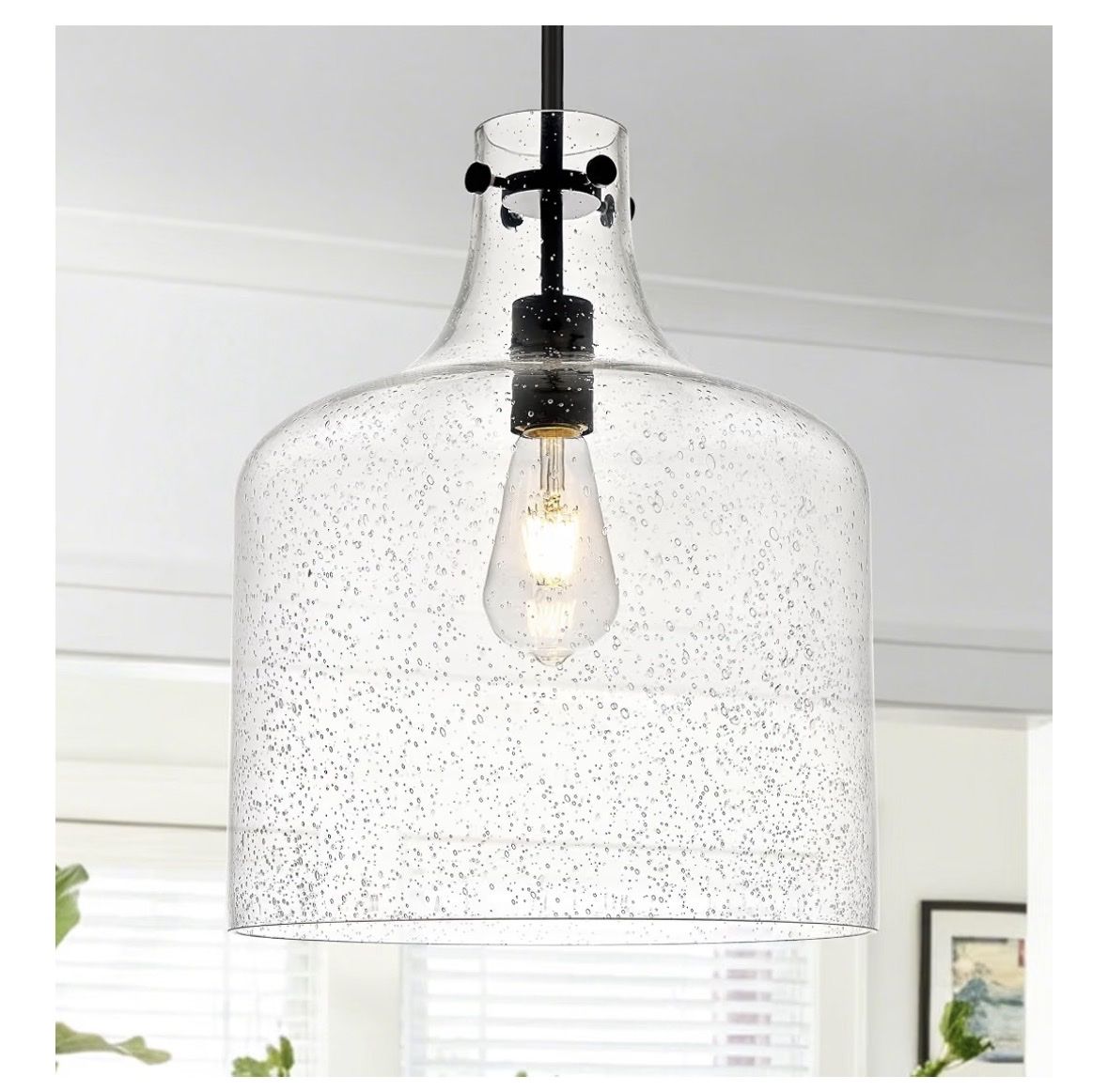 Pair of Glass Pendant Light Fixtures with Seeded Glass Shades and Black Hardware