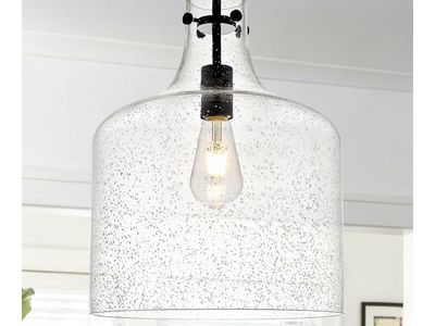 Pair of Glass Pendant Light Fixtures with Seeded Glass Shades and Black Hardware