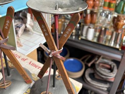 Candle holders Pair of Wood Metal Skis & Poles Candle Holder Cabin Lodge decor, Snow Cannon Falls