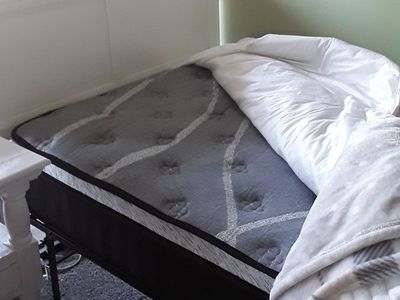 BRAND NEW - Single Bed (Includes Headboard, Serta Mattress and Pad, Mattress Frame, New Blanket and Twin Sheets