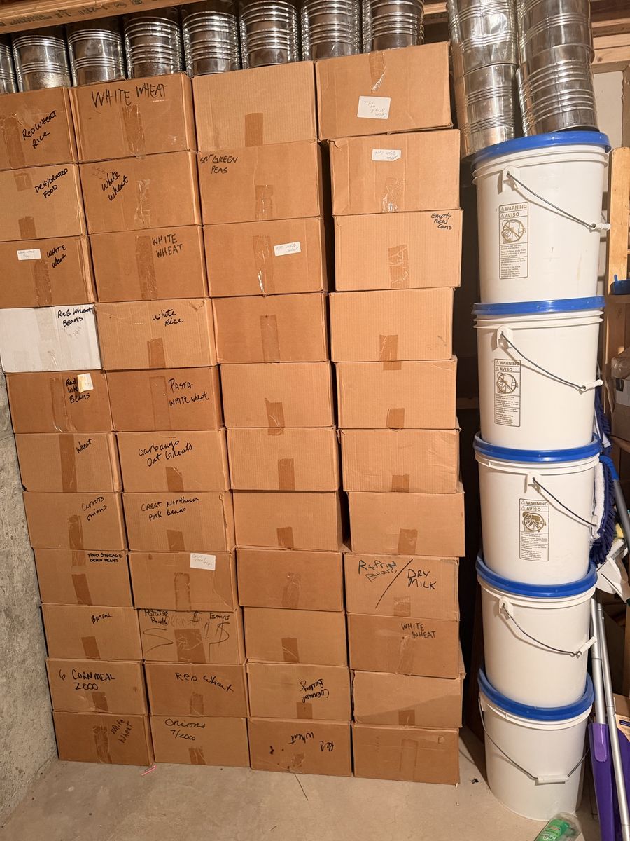 Assorted Long-Term Emergency Food Storage Supply - Boxed & Bucketed Grains, Beans, and Staples