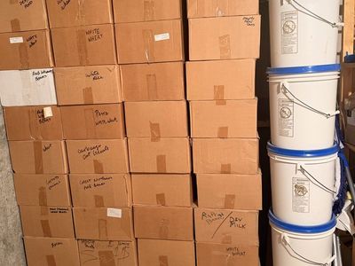 Assorted Long-Term Emergency Food Storage Supply - Boxed & Bucketed Grains, Beans, and Staples