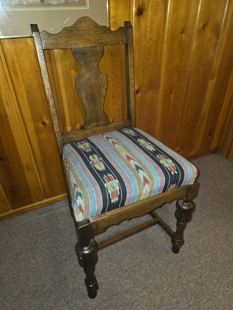 2 Vintage Wooden Dining Chairs with Upholstered Southwestern Ikat Pattern Seats