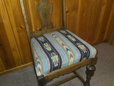2 Vintage Wooden Dining Chairs with Upholstered Southwestern Ikat Pattern Seats