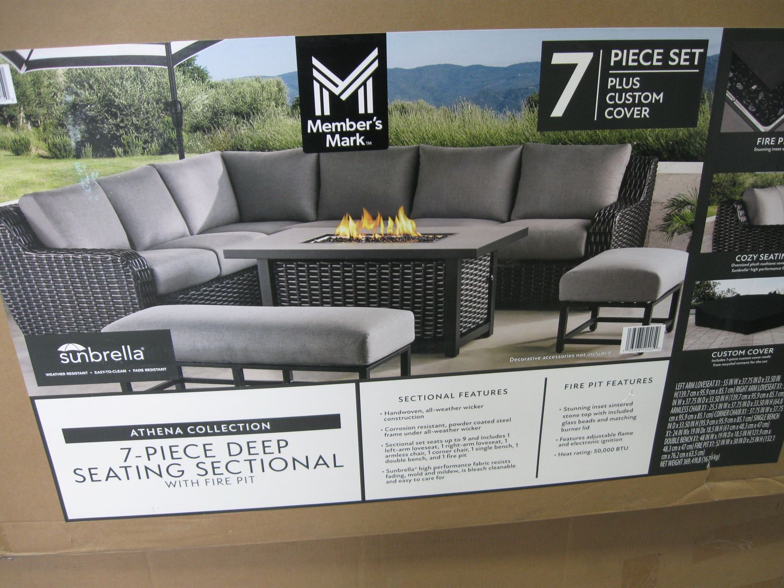 NIB Member's Mark Athena Patio Sectional w/Sintered Stone Top Fire Pit Coffee Table 7pc