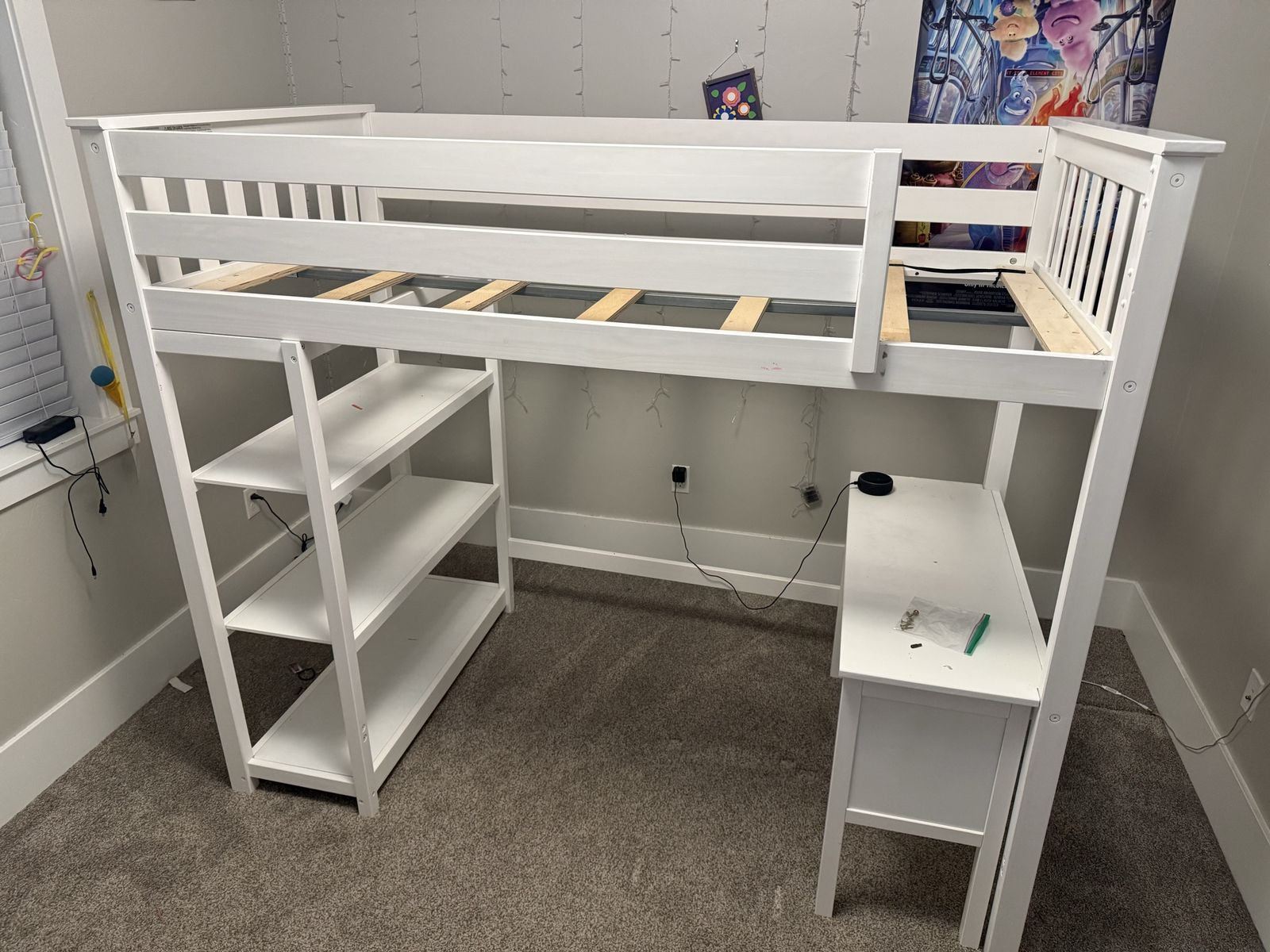 White Wooden Loft Bed Frame with Built-In Desk, Shelving Unit & Ladder